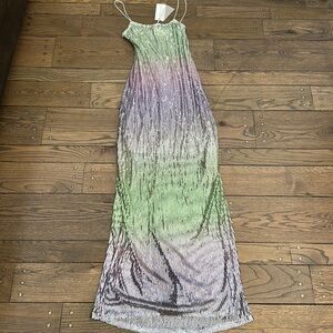 NWT LoveShackFancy Grand Scoop Neck Ombre Sequin Maxi Dress Lilac Leaves Mermaid